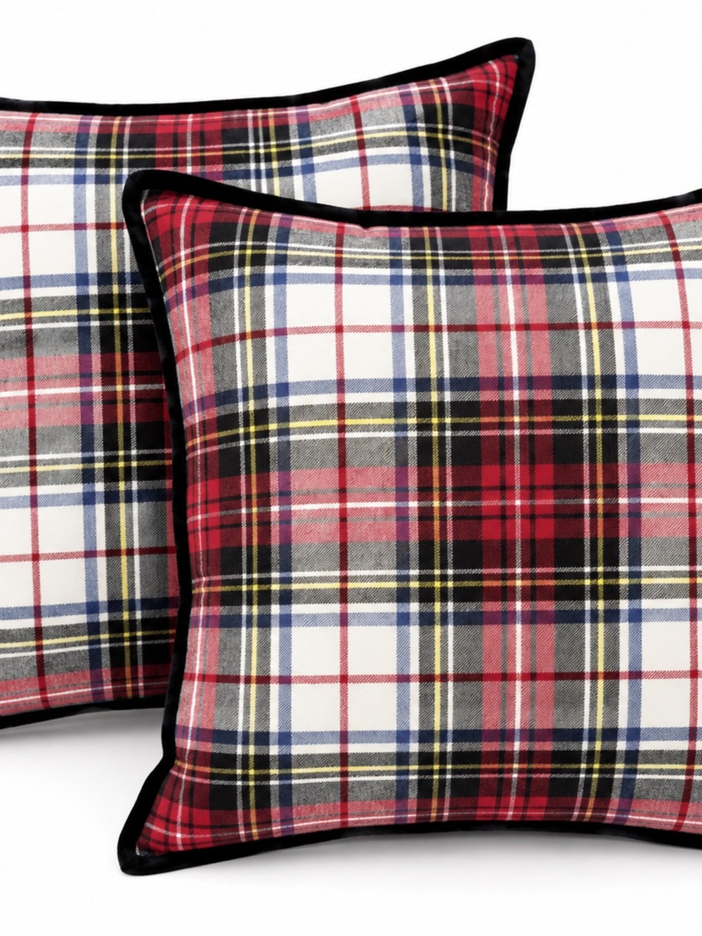 2 Ralph Lauren Red & White DenverPlaid Holiday Pillows Pair with Black Piping